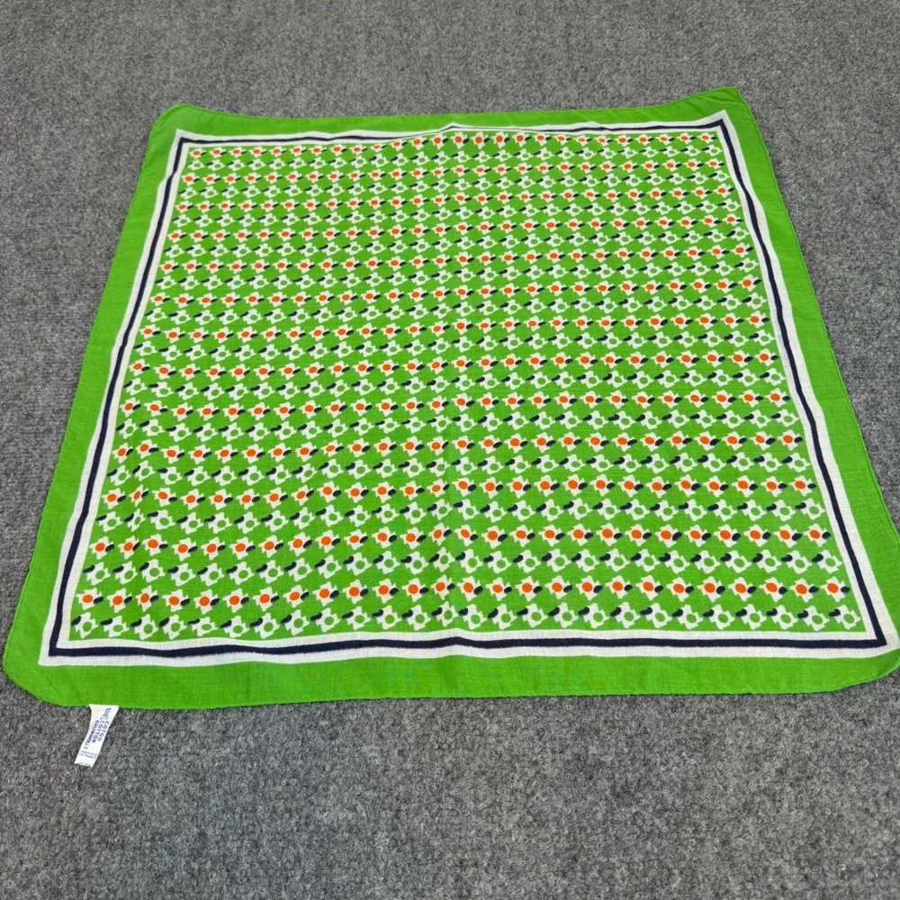 Vintage French Cotton Scarf Green Orange Geometric Floral Print Bandana 21x21